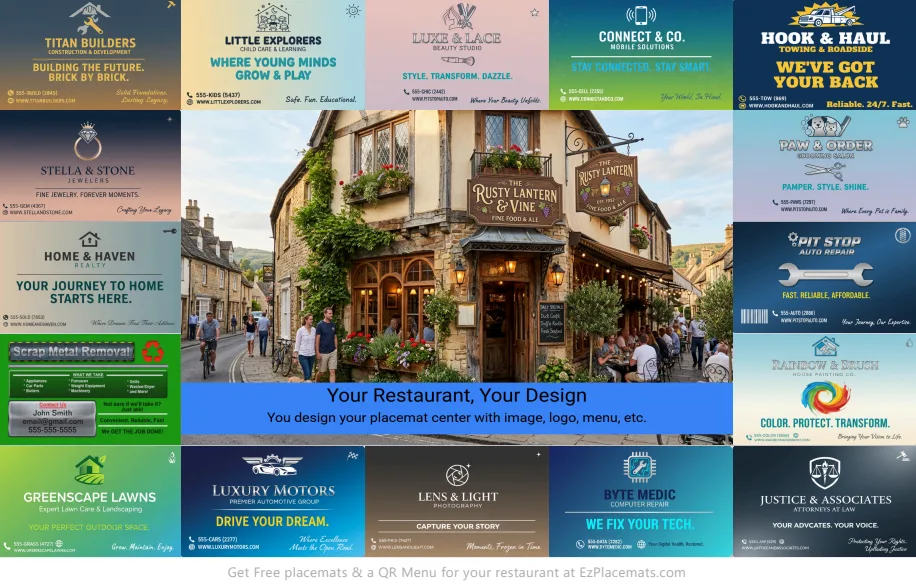 Sample advertising placemat with local business ads surrounding a restaurant centerpiece